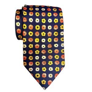 Frank Theak & Roskilly Navy Blue All Silk Tie Floral Pattern Made In England